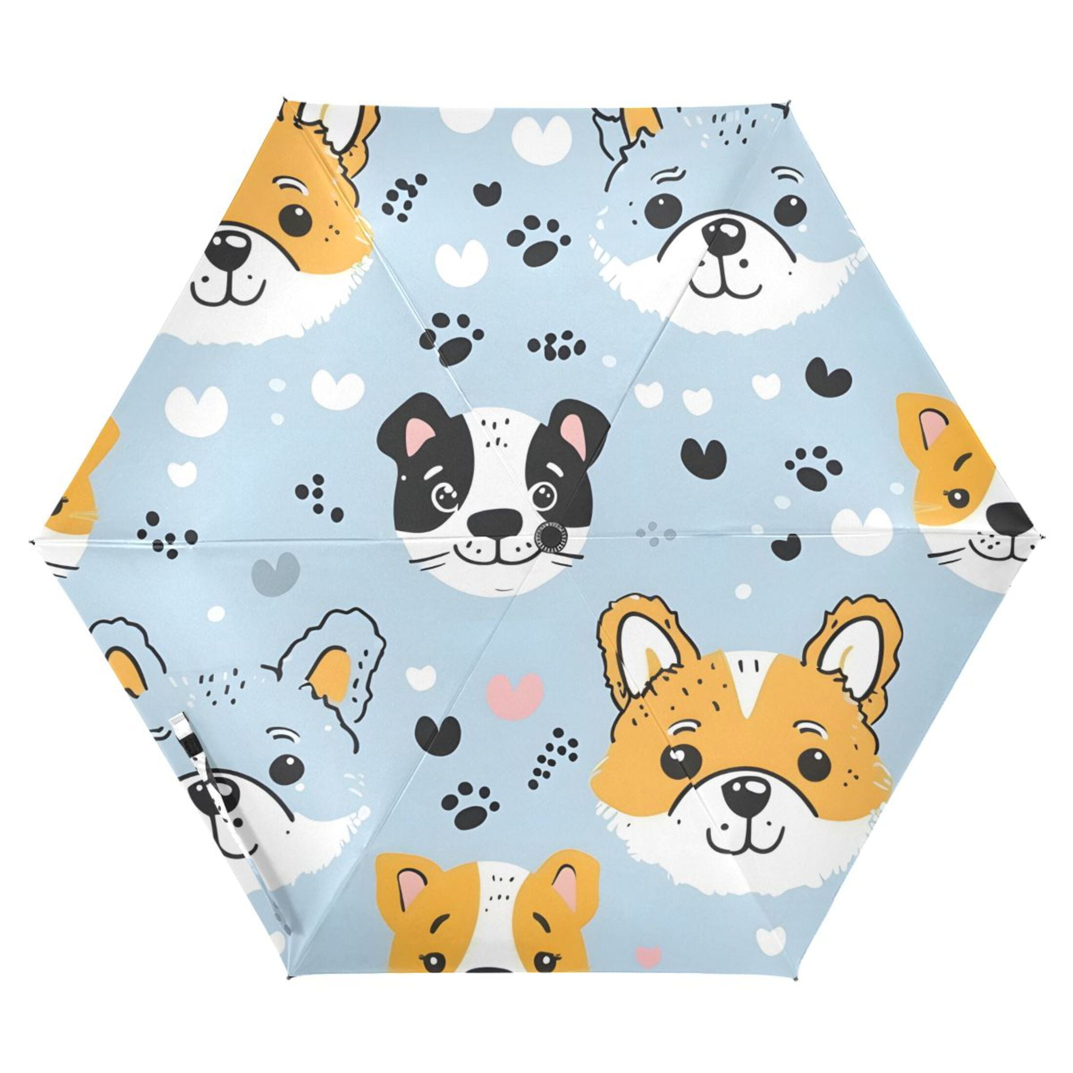 Cute Doodle Dogs Paw Prints Hearts All Weather Umbrella Triple Folding Parasol 6 Ribs UV Protection Portable