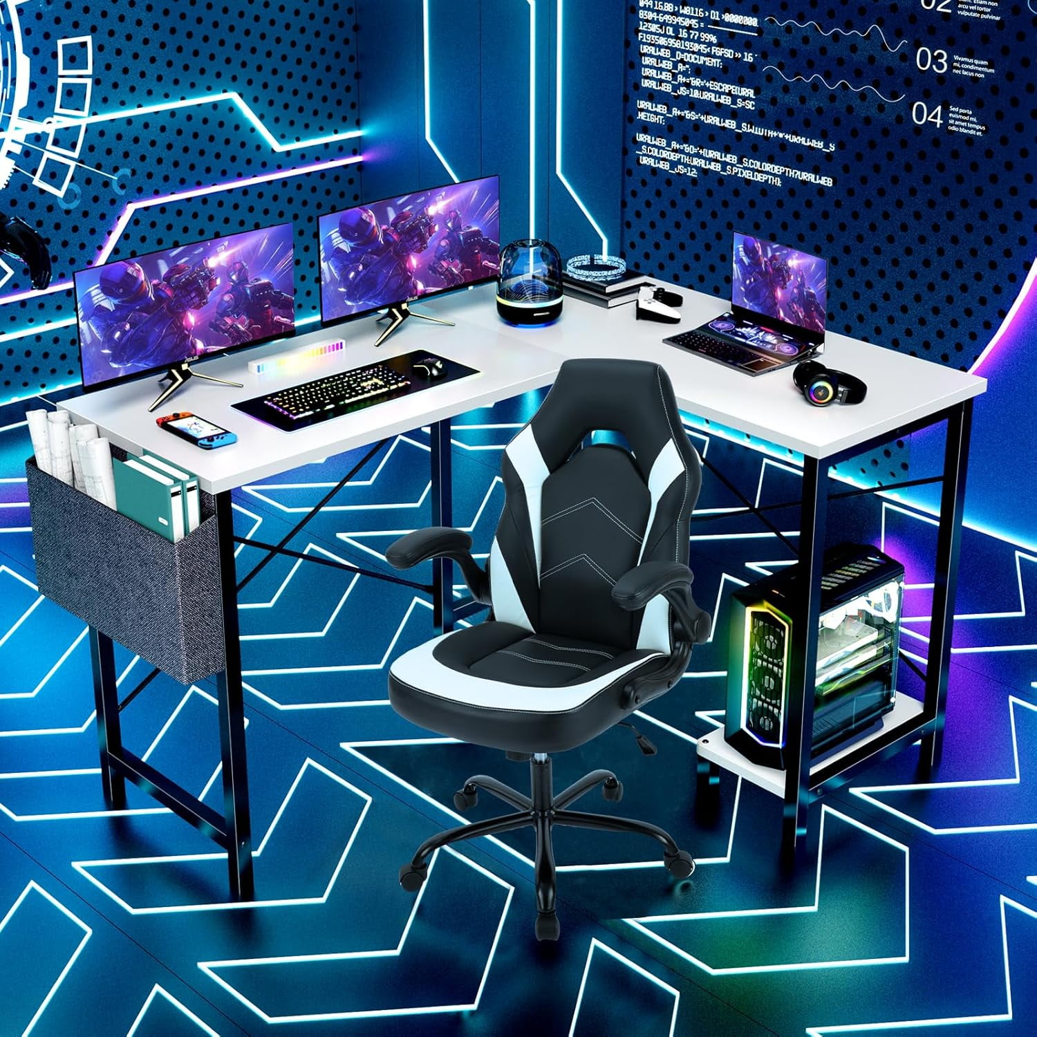Bigleap L Shaped Computer Desk - Gaming Table Corner Desk 50 Inch PC White Writing Desk Study Desks with Wooden Desktop CPU Stand Side Bag Reversible for Home Office Room Small Space, White