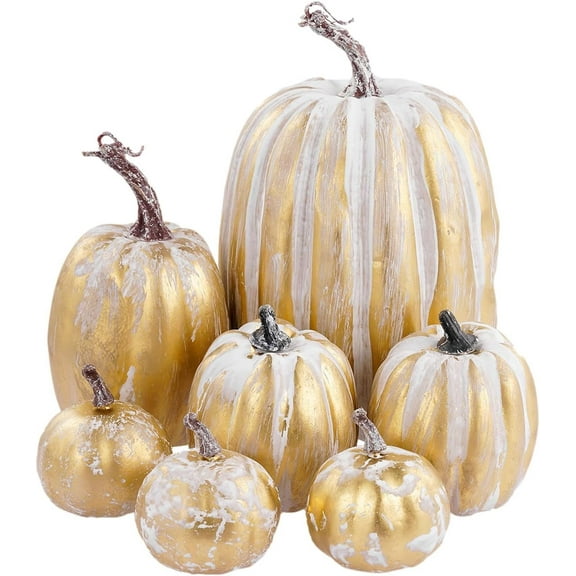Artificial Pumpkins, 7Pcs Artificial White Gold Pumpkins, Assorted Size Pumpkin Decoration Fake Pumpkin for Halloween Home Decor