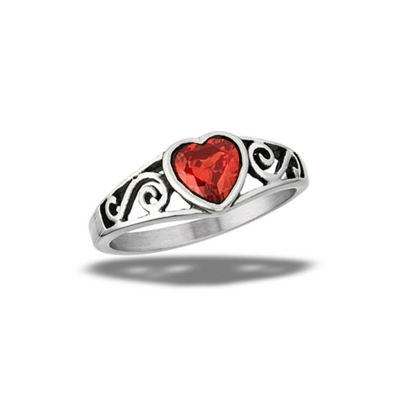 Simulated Garnet Heart Ring Stainless Steel Band Red Cubic Zirconia Jewelry Female Male Size 7