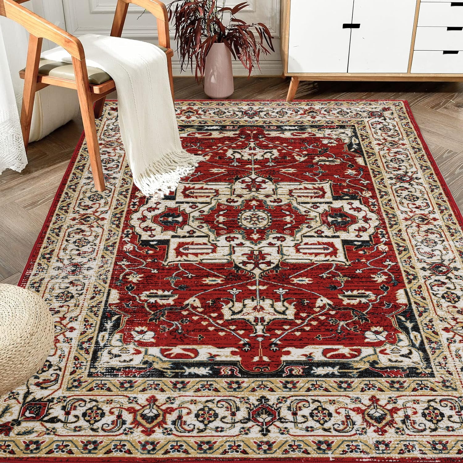 Yoneston 6' x 9' Vintage Bohemia Area Rug Machine Washable Bedroom Rug Soft Non-Slip with Printed Kitchen Mat for Living Room Playroom Dining Room Decoration, Red