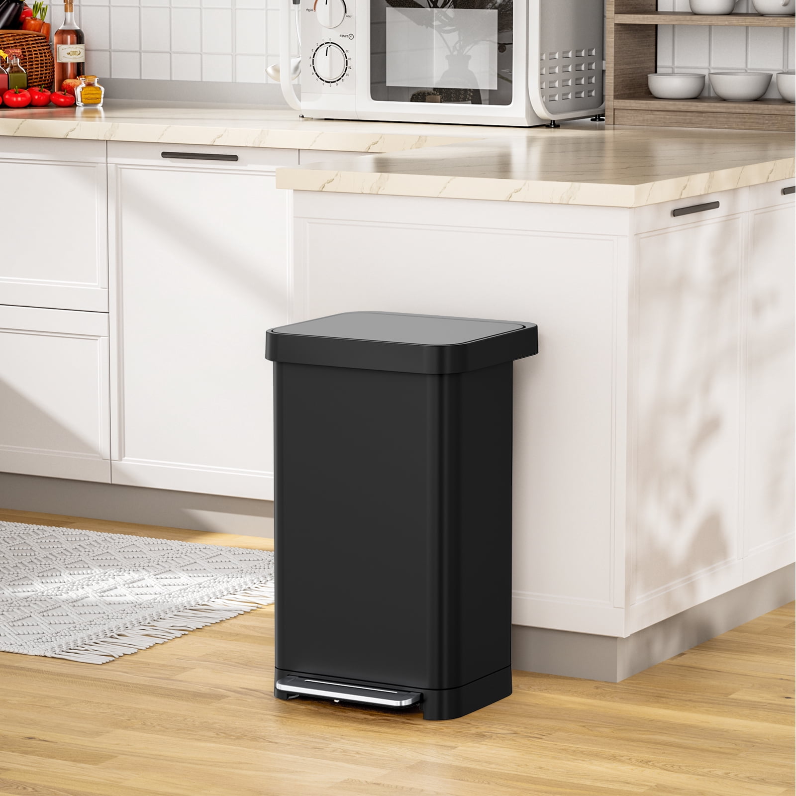 Pirecart 13.2 Gal Large Capacity Stainless Steel Trash Can, Soft Lid Pedal Rubbish Bin with Built-In Deodorizer Box, 15 Inner Bags and Rear Trash Bag Storage Compartment, Black