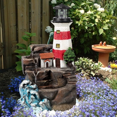 Ferrisland Lighthouse  Big Waterfall Fountain Outdoor, Freestanding Relaxing Water Fountain, Garden Backyard Decking Home Nautical Art Decor, Gift Ideas(Red & White, 23" H)
