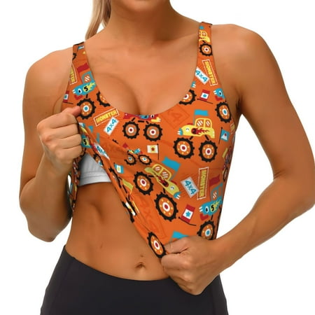 Qokaie Monster Truck Truck Cartoon Pattern Womens Scoop Neck Sports Bra Breathable Workout Vest Padded U Back Medium Impact Fitness Gym Yoga Bra Workout Crop Top
