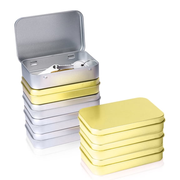 8 Packs Mini Rectangular Metal Tin Box Container with Hinged Lid, 3.5 x 2.4 x 0.8 In Small Tin Storage Boxes Portable Empty Container for Organizing Drawing Pin Crafts Jewelry (Silver, Gold)