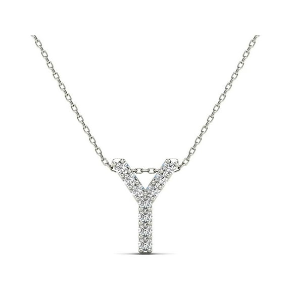0.10 Carat Natural White Diamond Initial "Y" Pendant Necklace In 14K Yellow and White Gold with 18" Gold Cable Chain|Silver Chain