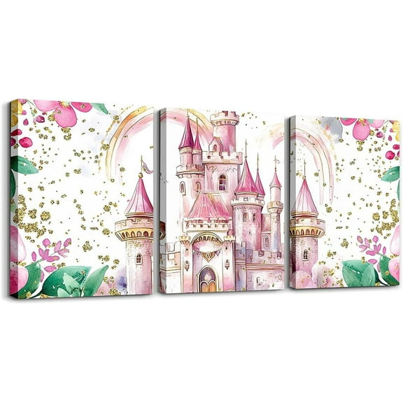 Hieng Pink Castle Picture Wall Decor Rainbow Castle Canvas Wall Art for Living Room Bedroom Girls Princess Bathroom Wall Art for Home Decor Fairy Tales Wall Painting Girls (Only canvas)