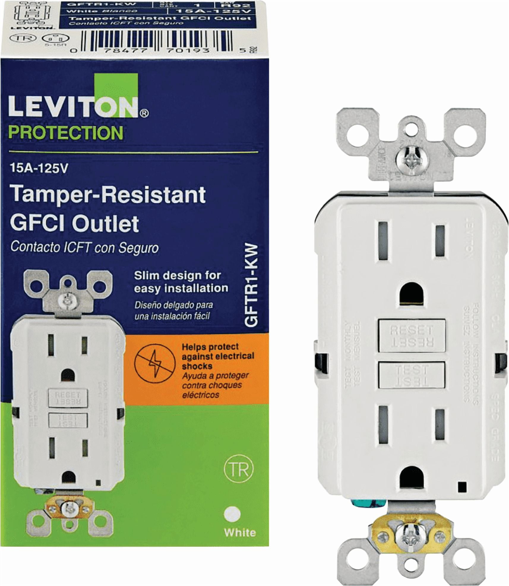 Leviton GFCI Receptacle in White — UL Listed for US Residential Electrical Code Compliance, Drop-in NEC-Standard Wiring