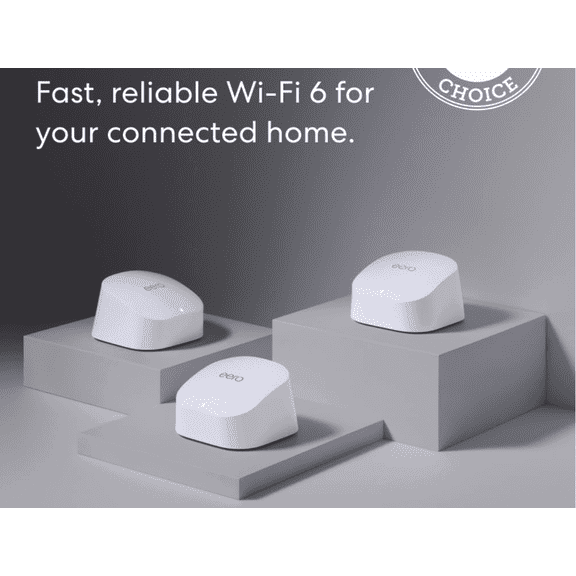 Amazon eero 6 mesh wifi system - Supports internet plans up to 500 Mbps, Coverage up to 4,500 sq. ft., Connect 75  devices, 3-pack (1 router   2 extenders)