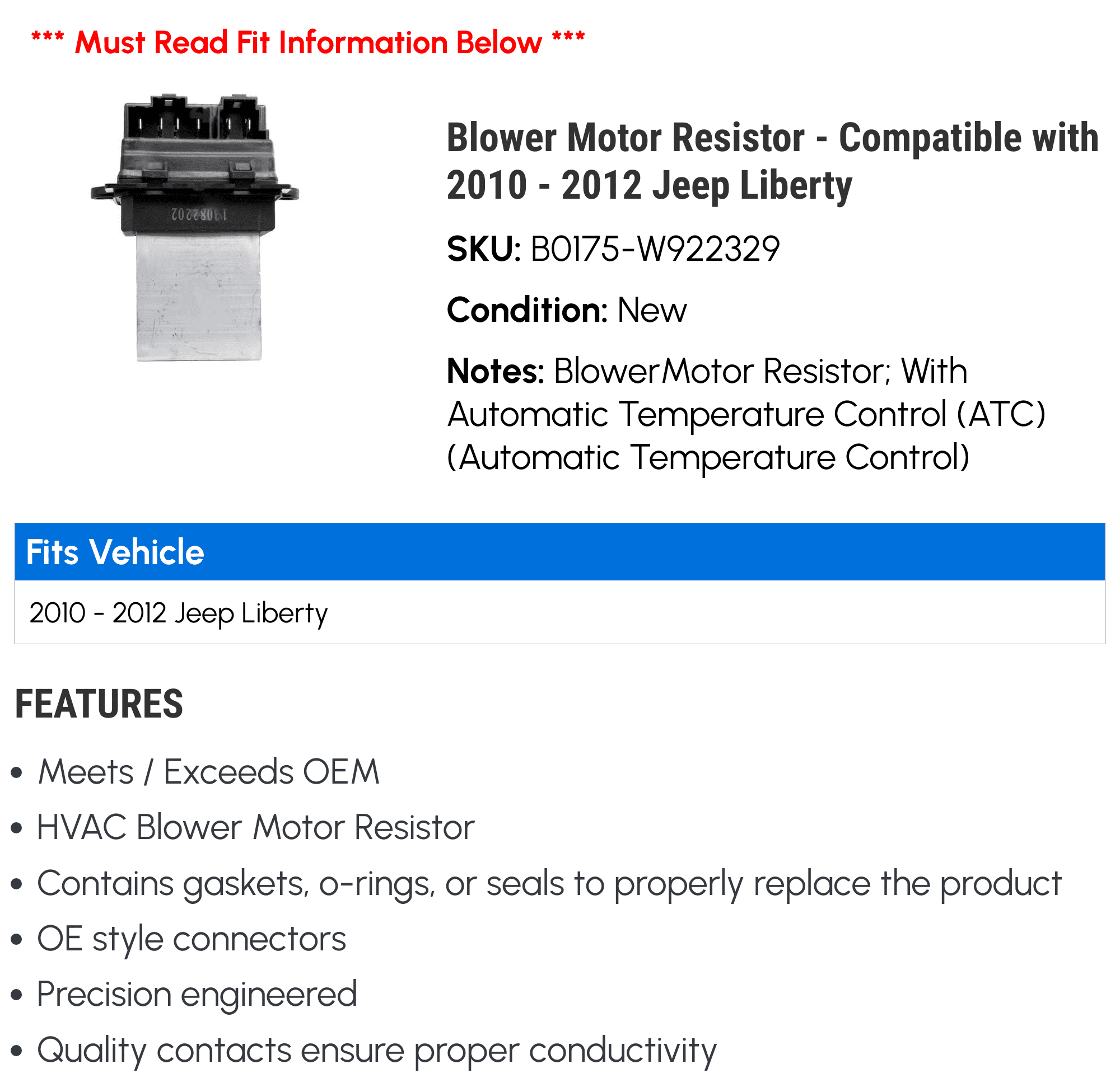 Blower Motor Resistor - Compatible with 2010 - 2012 Jeep Liberty 2011