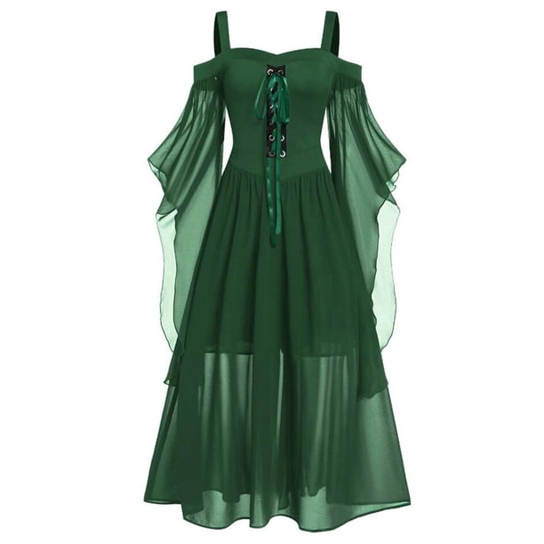 Vestido con tirantes finos, escote en V y mangas de mariposa con cordones para mujer - Vestido midi evasé para fiesta/playa - Poliéster, diseño estampado, L-XXXXL