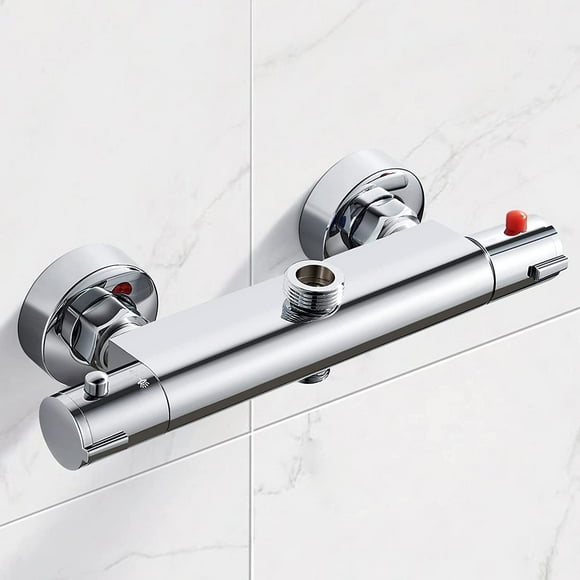 Dual Outlets, Anti-Scald Brass Faucet with Column, 3/4" Top & 1/2" Bottom BSP Chrome Thermostatic Shower Mixer
