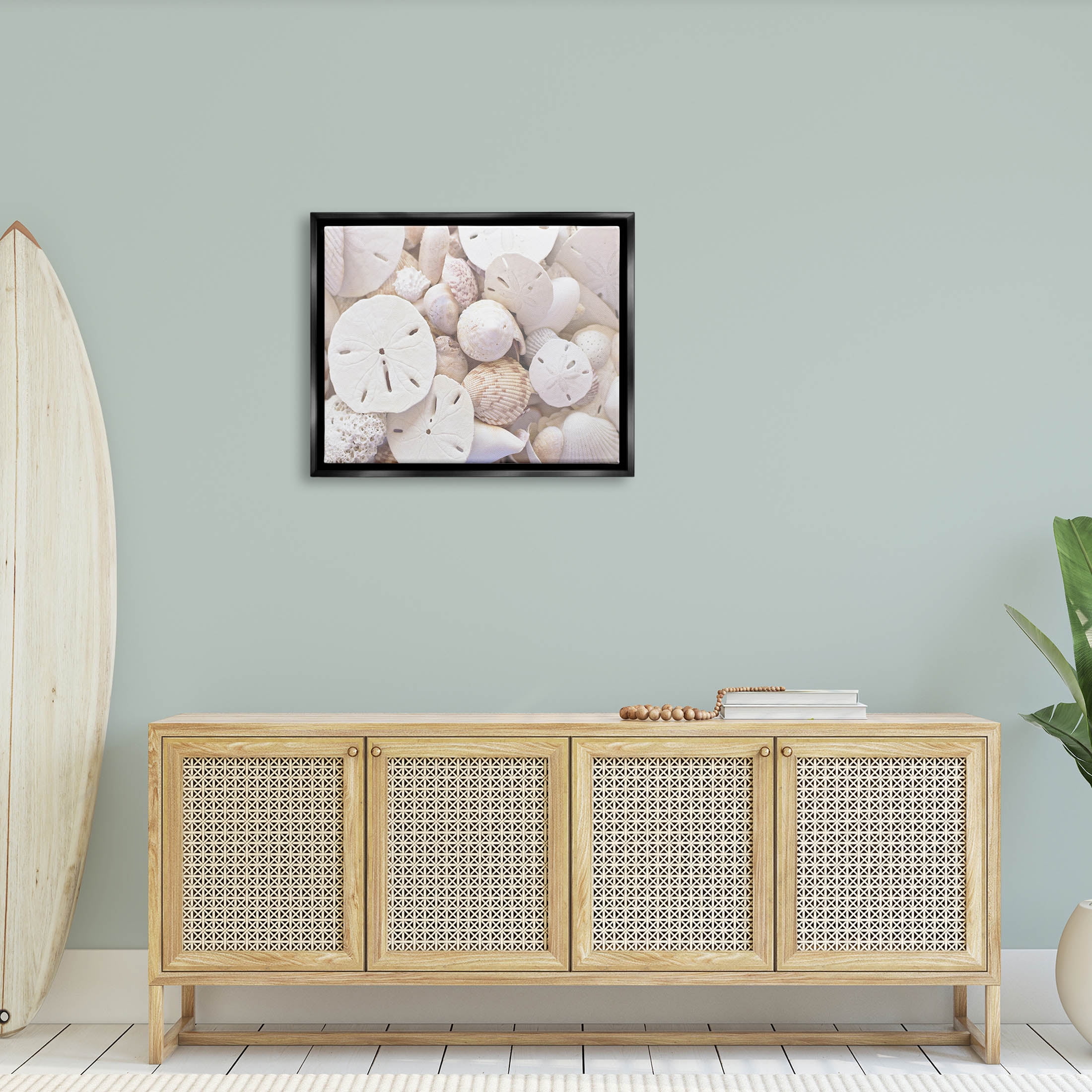 White Mixed Sand Dollar Shells Coastal Photograph Jet Black Framed Art Print Wall Art