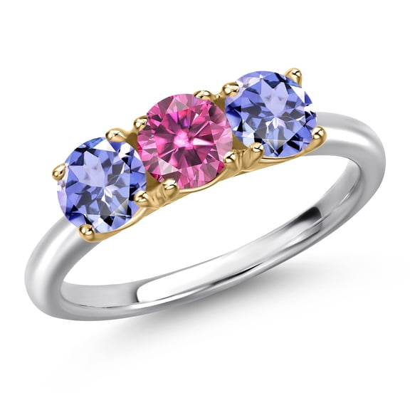 Gem Stone King 10K Two Tone Gold Pink Moissanite and Blue Tanzanite Engagement Ring for Women | 1.42 Cttw | Round 5MM | Gemstone Birthstone | Size 5