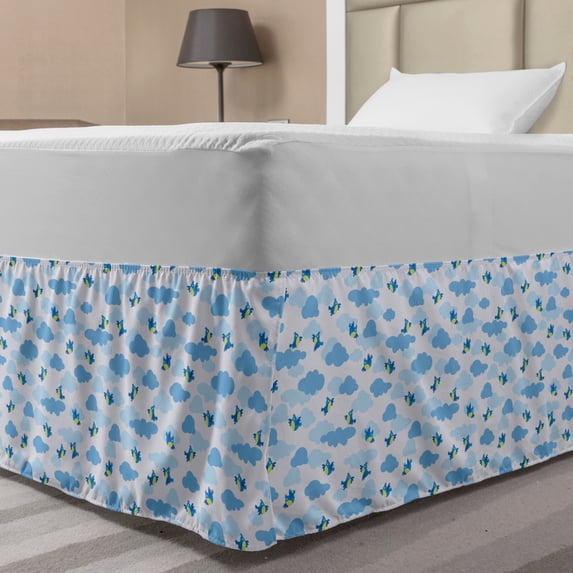 Animals Bed Skirt, Childish Theme Pattern of Baby Birds Flying on Clouds in Cartoon Style Skyview, Elastic Bedskirt Dust Ruffle Wrap Around for Bedding Decor, 4 Sizes, Multicolor, by Ambesonne