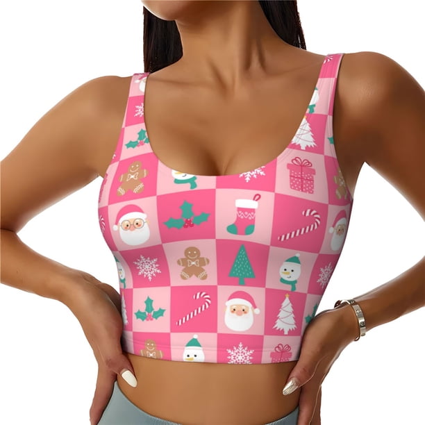 Balery Pink Christmas Cheer Sujetadores deportivos con espalda cruzada para mujer, acolchados, sin costuras, de alto impacto, ideales para yoga, gimnasio, entrenamiento y fitness.-Large