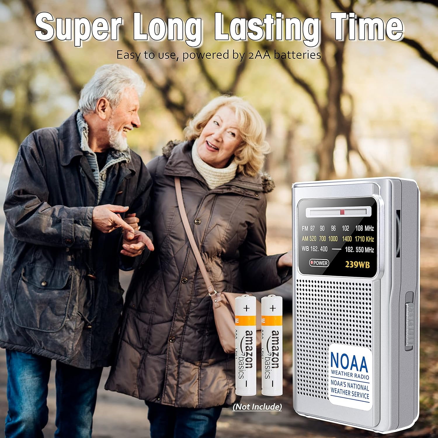 NOAA Weather Radio, AM/FM Battery Operated Transistor Portable Radio with Best Reception,Stereo Earphone Jack,Powered by 2 AA Battery for Emergency,Hurricane,Running, Walking,Home (Silver)