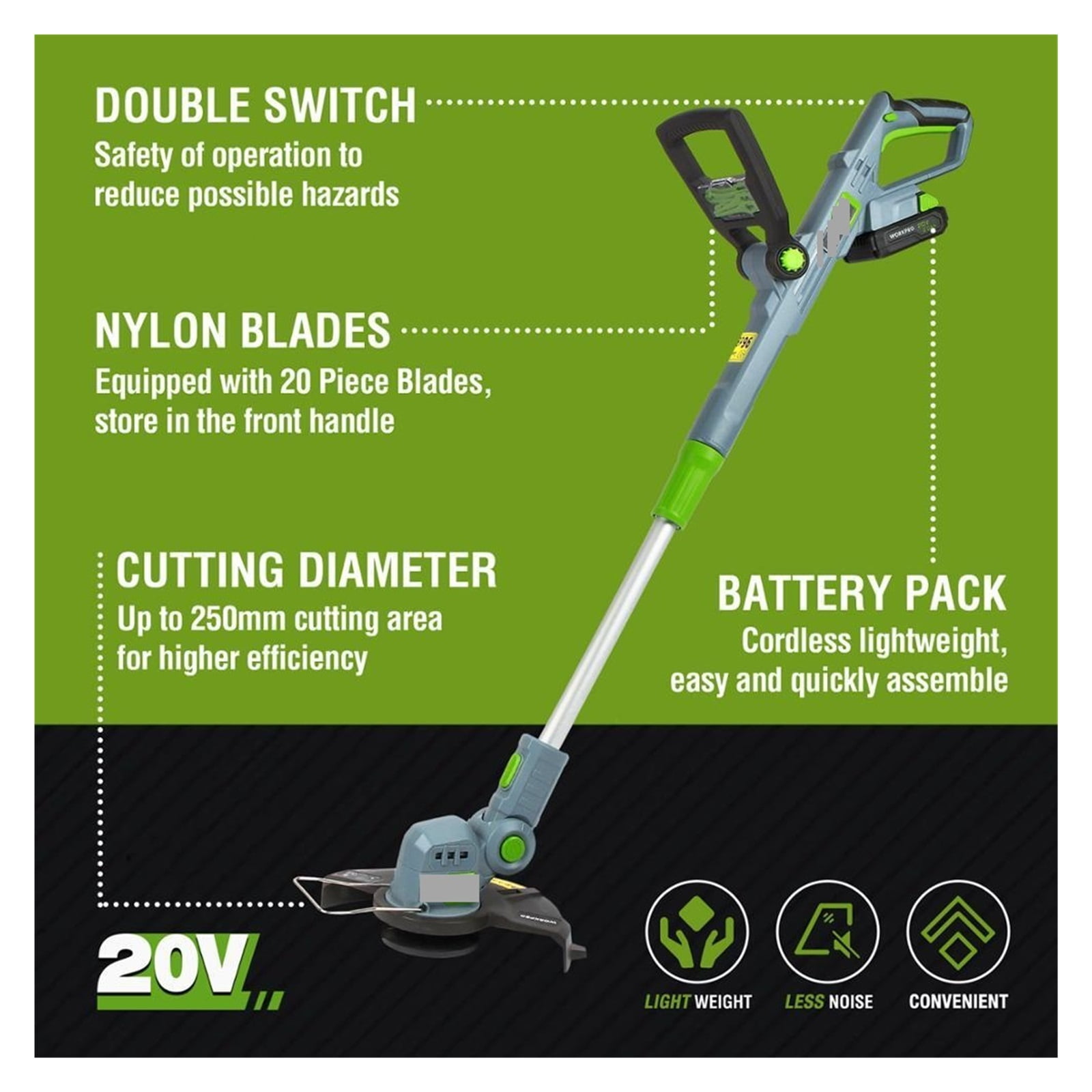 20V Electric Lawn Mower 2000mAh Li-ion Cordless Grass Trimmer Auto Release String Cutter Pruning Garden Tool 20PC Blades ,2 IN 1 Trimmer & Edger
