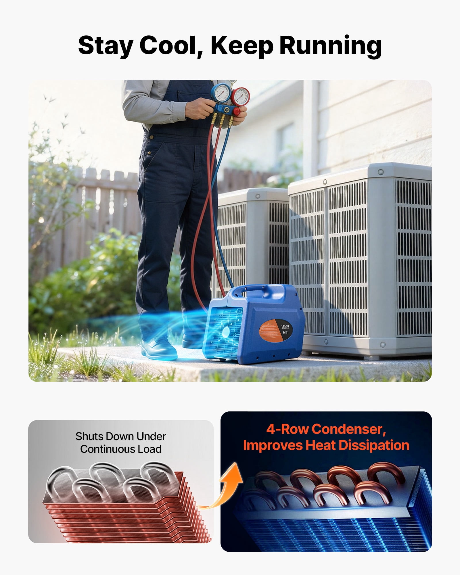 VEVOR Portable Refrigerant Recovery Machine, 3/4 HP 110V 60Hz Single Cylinder AC Recovery Machine for Liquid Vapor Refrigerant,1750 RPM Recycling Unit HVAC for Automotive & Household Air Conditioning