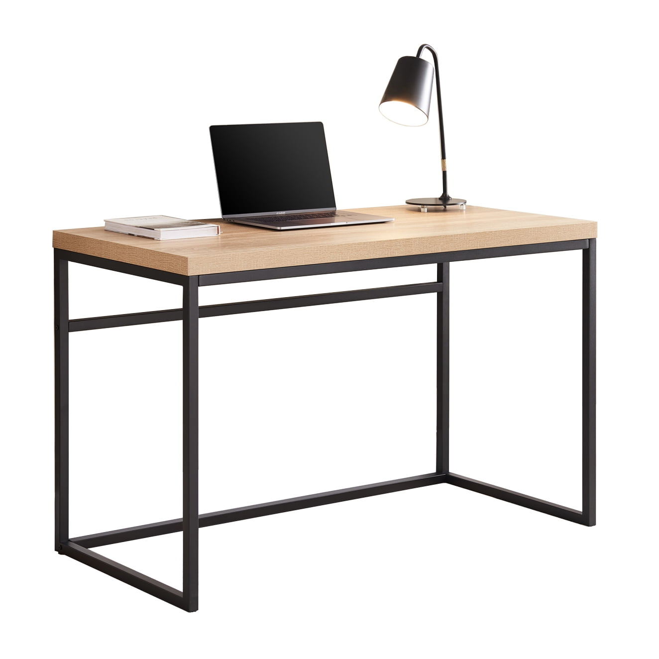CENSI 47" Computer Desk, Modern Industrial Writing Table with 1.6" Thick Wood Top, Sturdy Metal Frame Home Office Workstation for Study, Bedroom & Living Room, Natural Oak