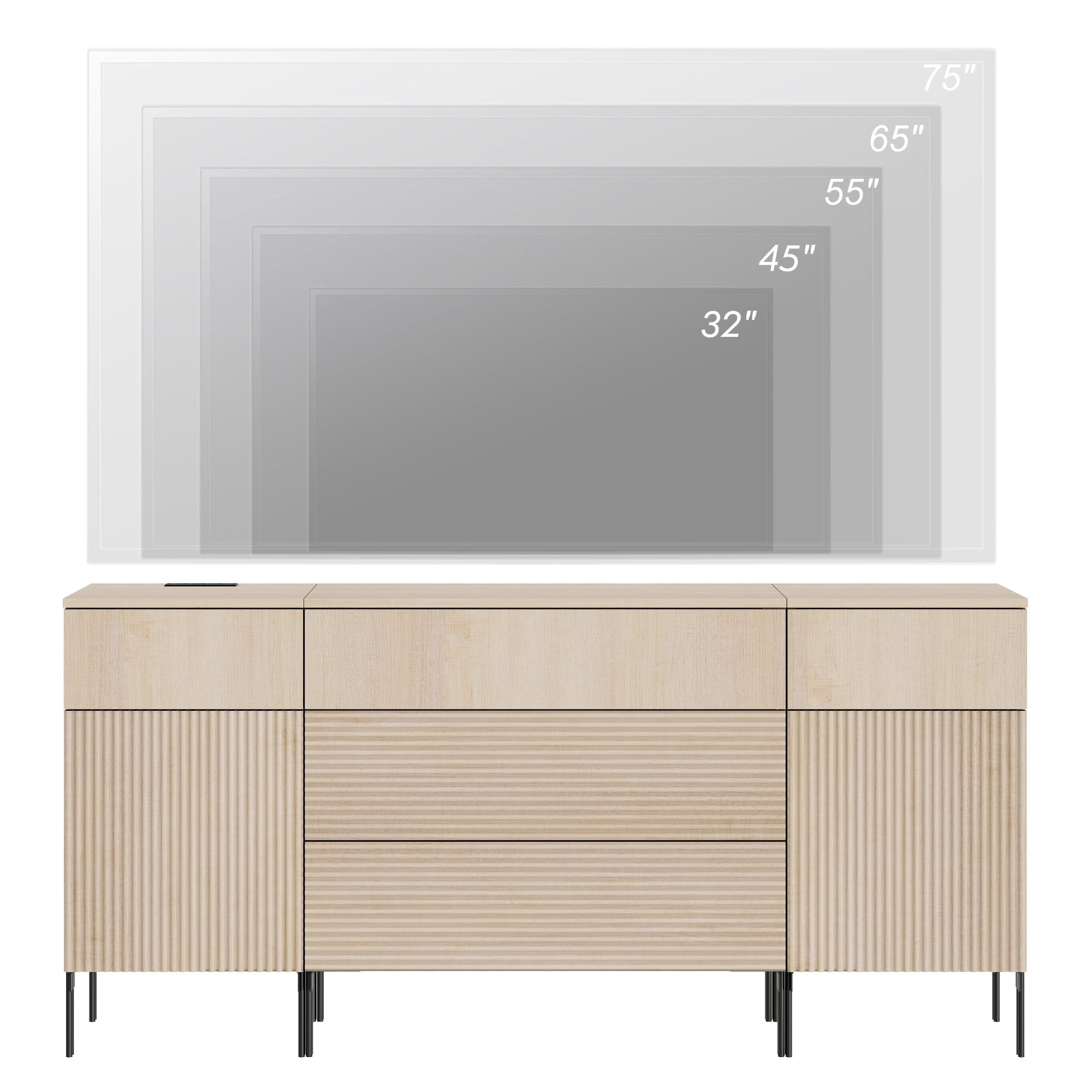 63" Modern Reeded Dresser TV Stand with Drawers, Entertainment Center with Charging Station, Wooden TV Console with Storage for Living Room