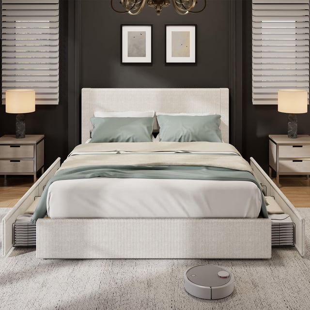 Full Size Upholstered Platform Bed – Cream Corduroy Bed Frame with Channel Tufted Wingback Headboard, 4 Large Storage Drawers & Durable Wooden Slats – No Box Spring Required