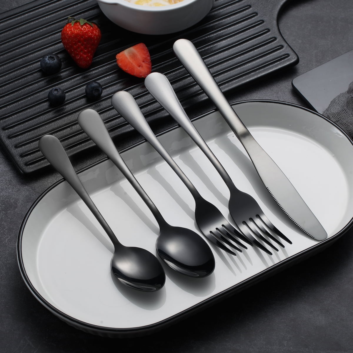 ReaNea Black Flatware Serving Set of 8 Pieces, Silverware Serving Utensils  Large Spoon Set 