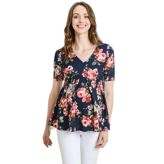 LaClef Women's Floral and Polka Dot Pleated Peplum V Neck Maternity Top