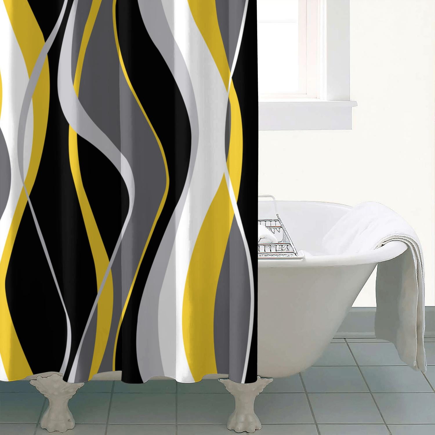 Black and Yellow Shower Curtain, Abstract Modern Grey and Yellow Bathroom Decor Accessories Shower Curtain Set with Hooks, 72x72