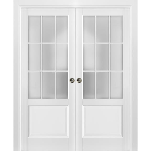 Sliding French Double Pocket Doors 72 x 80 inches Frosted Glass 9 Lites