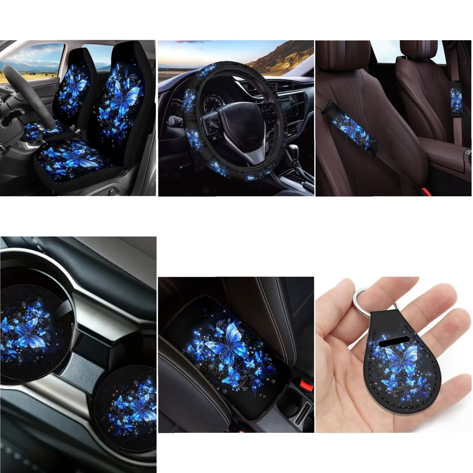 Ledback Butterfly Printed Car Seat Covers Full Set Breathable Car Interior Set Washable Auto Steering Wheel Cover Soft Seat Belt Pads Chapstick Holder Keychain for Women
