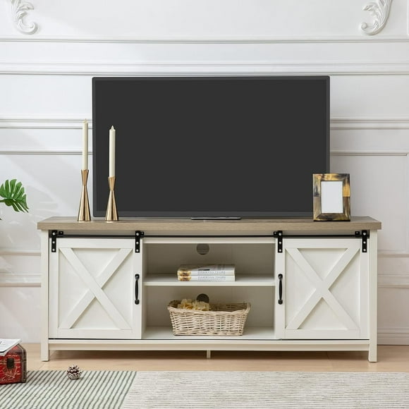 GAZHOME Farmhouse TV Stand for TVs up to 65”, with Sliding Barn Doors, White