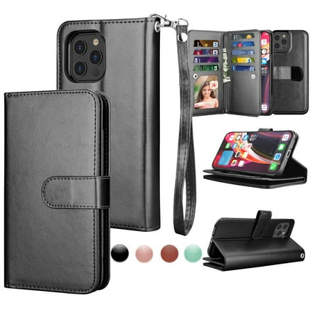 iPhone 12 Pro / iPhone 12 6.1" Wallet Case, Njjex Luxury PU Leather Wallet Case Flip Folio Cover ID Cash Credit Card Holder [9 Card Slots] Kickstand Lanyard Phone Cover -Black