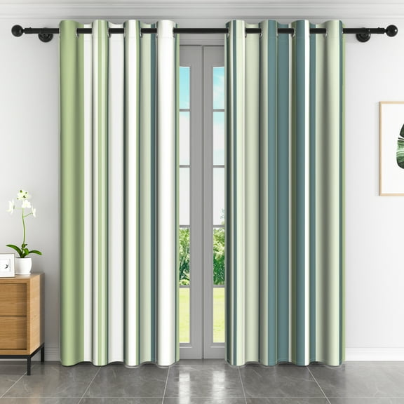 LFEEY Light Green and White Striped Blackout Curtains, 42x63 Inches, Polyester, 2 Pieces