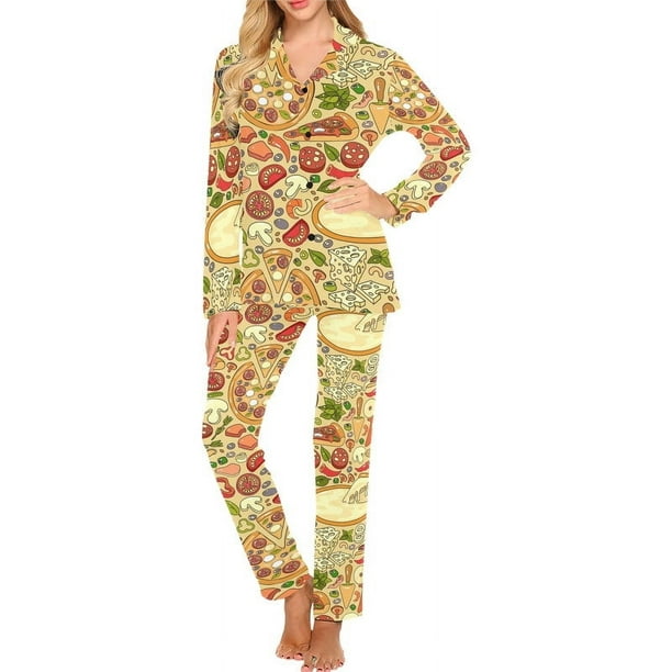 Conjunto de pijama largo para mujer con estampado de pizza de fondo