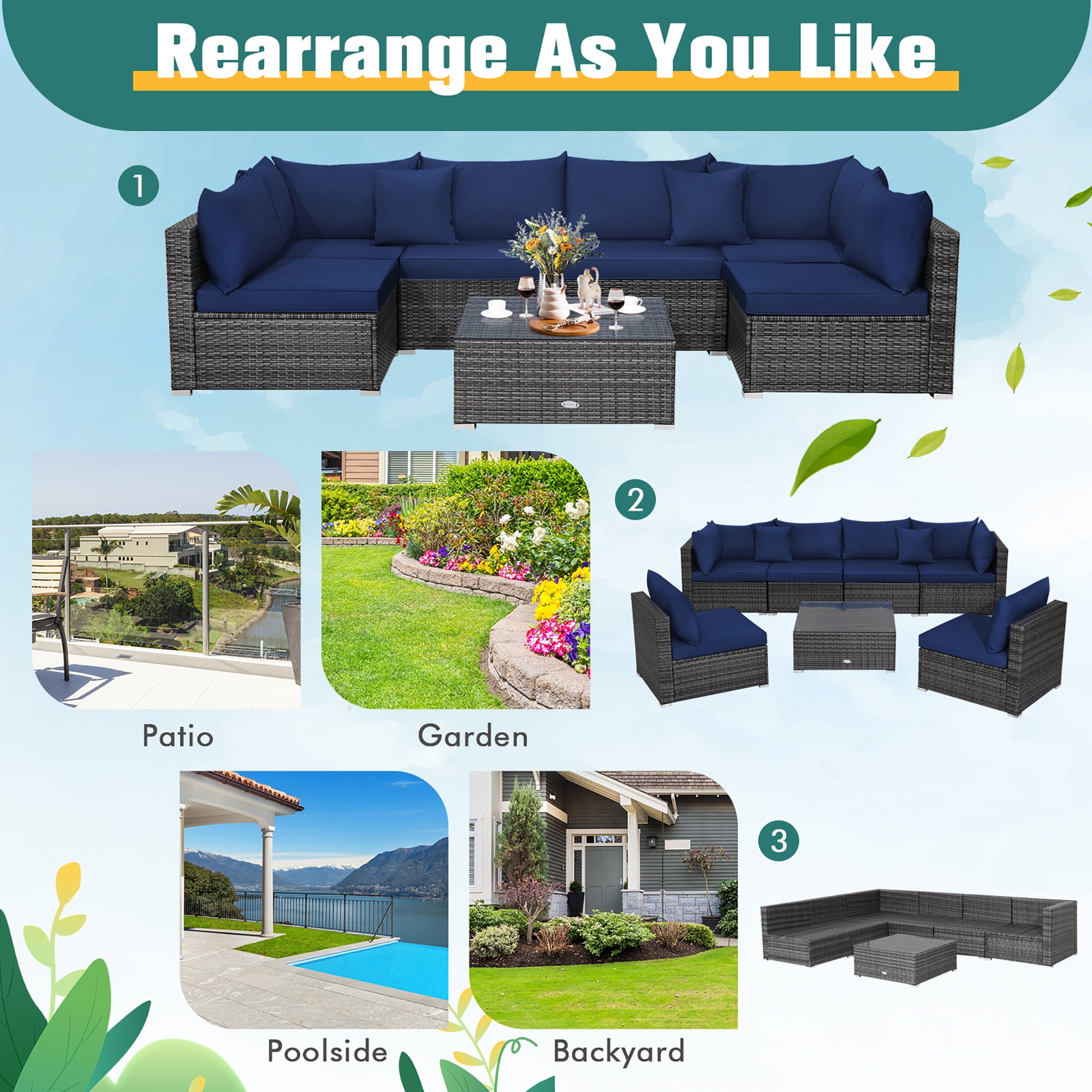 Costway 7PCS Patio Rattan Furniture Set Sectional Sofa Cushioned Garden Navy