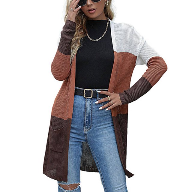 Chaqueta de suéter para mujer Moda Simple Longitud media Bloqueo de color Bolsillos dobles Suéter de manga larga con frente abierto Outwear Café Marrón L