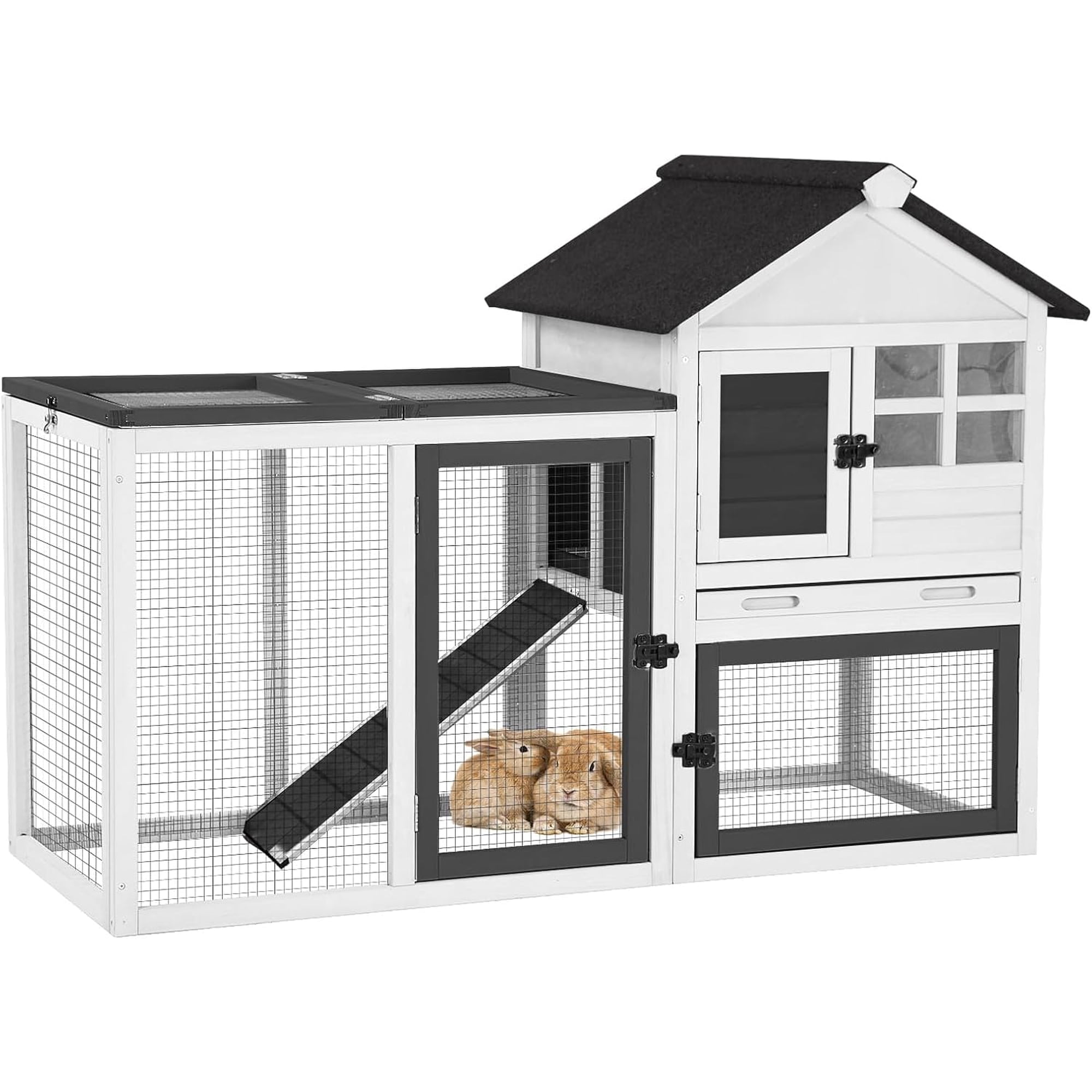 Rabbit Hutch Indoor or Outdoor, Wooden Bunny Cage with Chew-Proof Ramp, Mobile Rabbit House with Wheels, Guinea Pig Cages with Leakproof Tray and Waterproof Roof (White)