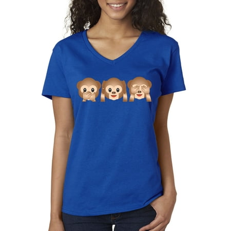 Arctic Monkeys Clothing Women Trendy USA 101 - Women's V-Neck T-Shirt 3 Emoji Monkeys See Hear Speak No Evil Medium Royal Blue ()