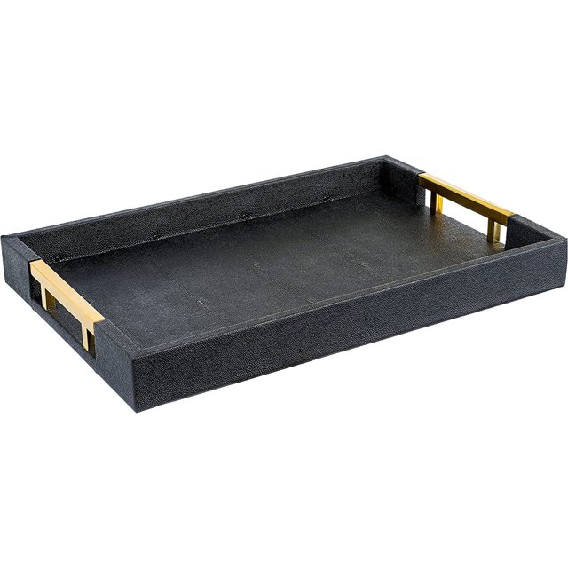 Home Redefined Bandeja Decorativa para Servir de Piel Sintética de Tiburón Brillante Rectangular de 45 X 30 Cm con Asas de Metal Pulido Dorado, Color Negro