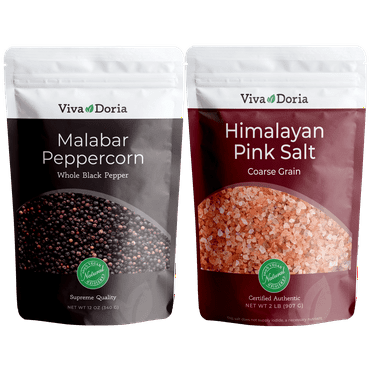 Viva Doria Malabar Peppercorn (Whole Black Pepper) 12 oz and Himalayan Pink Salt (Coarse Grain) 2 lb for Grinder Refills