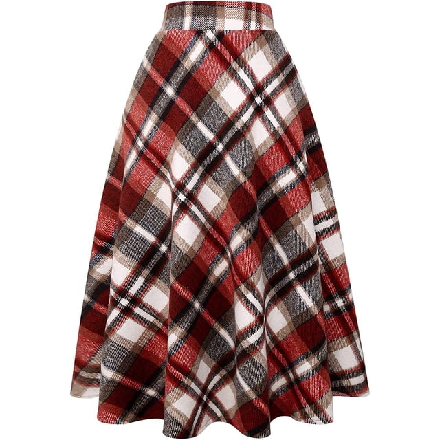 Falda Larga de Cintura Alta elástica para Mujer, Acampanada, a Cuadros, para Invierno, cálida Vino Largo 2XL Vino Largo 2XL Xishao ropa