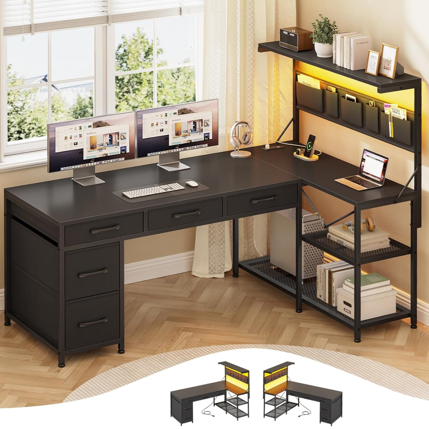 47" L Shaped Desk with 5 Drawers & Hutch, Reversible Gaming Desk with LED Lights & Outlets, Computer Desk with Open Shelves & Storage Bag for CPU, Books etc for Home Office, Space Saving, Black