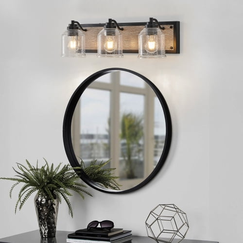 ACE-LIGHTS,3-Light Farmhouse Vanity Light Fixture,Bathroom Wall Sconce(Bulb Not Included) with Clear Seeded Glass Shades,Modern Industrial Design for Bathroom,Bedroom,Entrance,Passage(Black)