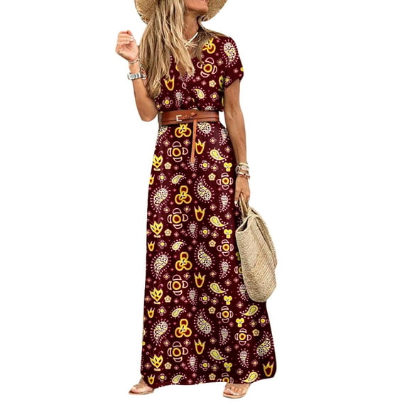 Colisha Ladies Swing A-Line Dresses V Neck Kaftan Sundress Short Sleeve Long Maxi Dress Fashion Dailywear Floral Printed Claret 3XL