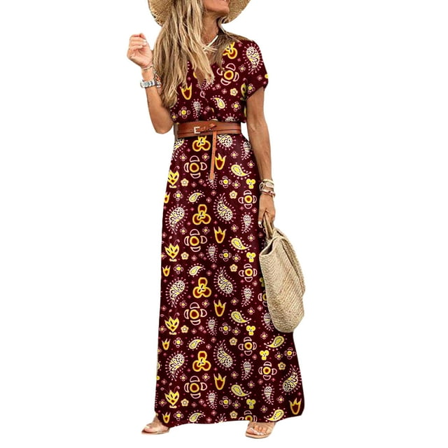 Bellella Robes Évasées pour Femmes Robe Longue Maxi Imprimée Florale Col en V Kaftan Robe d'Été Ample Manches Courtes Vacances Bordeaux 3TG