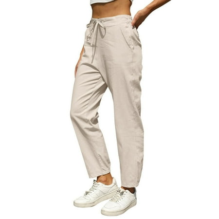 Sales Today Clearance Women s Casual Pants Linen Pants for Women Summer Casual High Waisted Drawstring Lightweight Beach Pant with Pockets Women Blendingpants