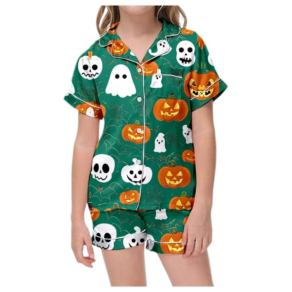 CAIVO Pajama Sets Girls Halloween Lapel Short Sleeve Button Down Shirt With Shorts 2 Piece Loungewear For Kids Nightwear