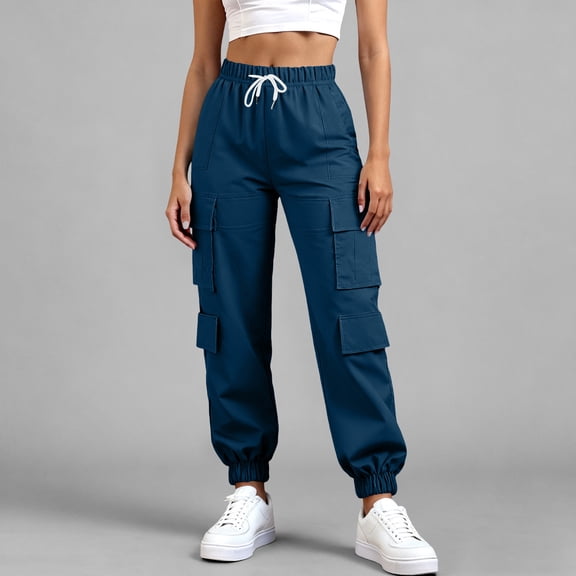 Tqcoqu Cargo Joggers for Women High Waisted Drawstring Elastic Waist Trousers Sporty Pant with Pockets,Blue,Women's S-XXL