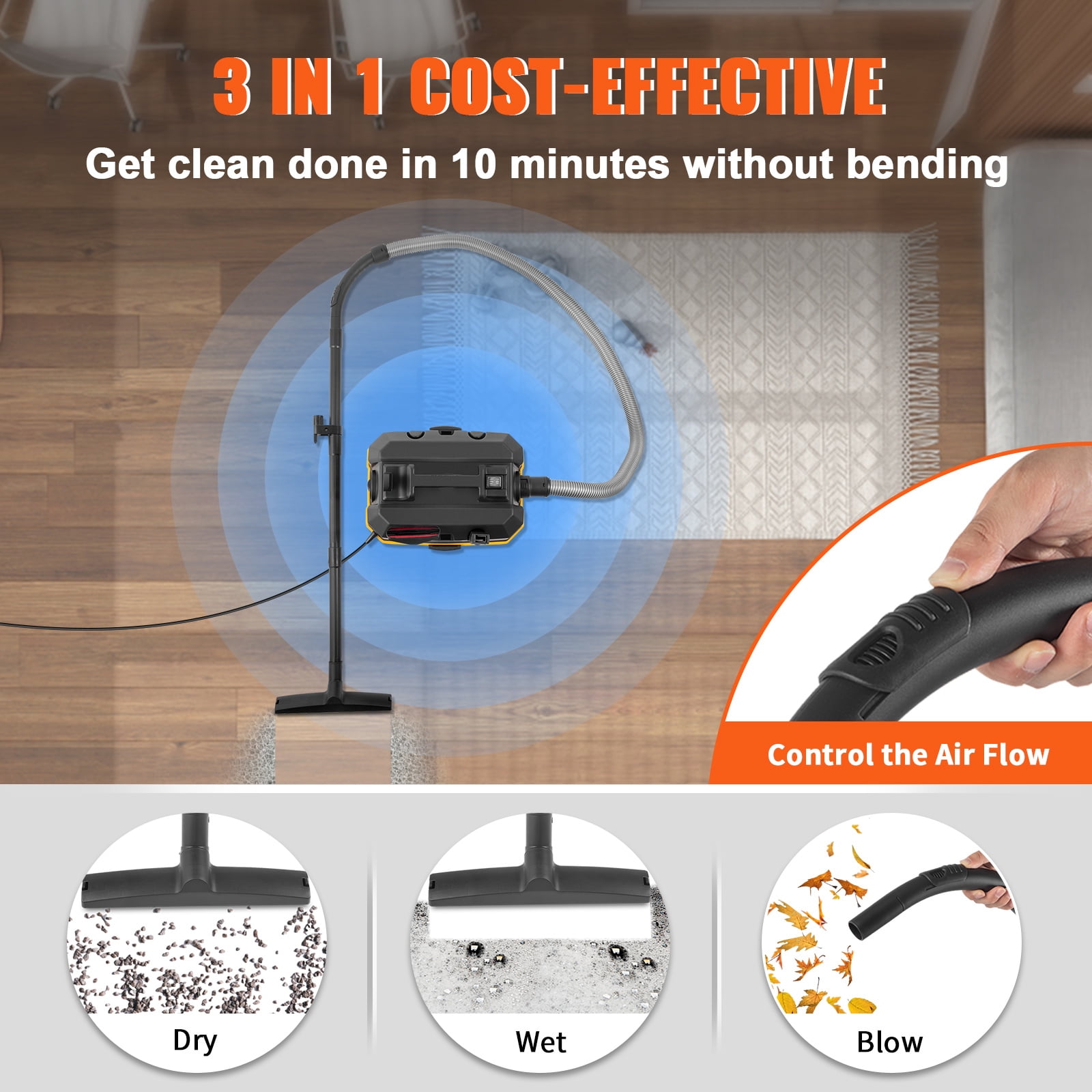 BENTISM Wet Dry Vac, 4 Gallon, 5 Peak HP, 3 in 1 Shop Vacuum with Blowing Function, Portable with Attachments to Clean Floor, Upholstery, Gap, Car, ETL Listed, Black/Orange